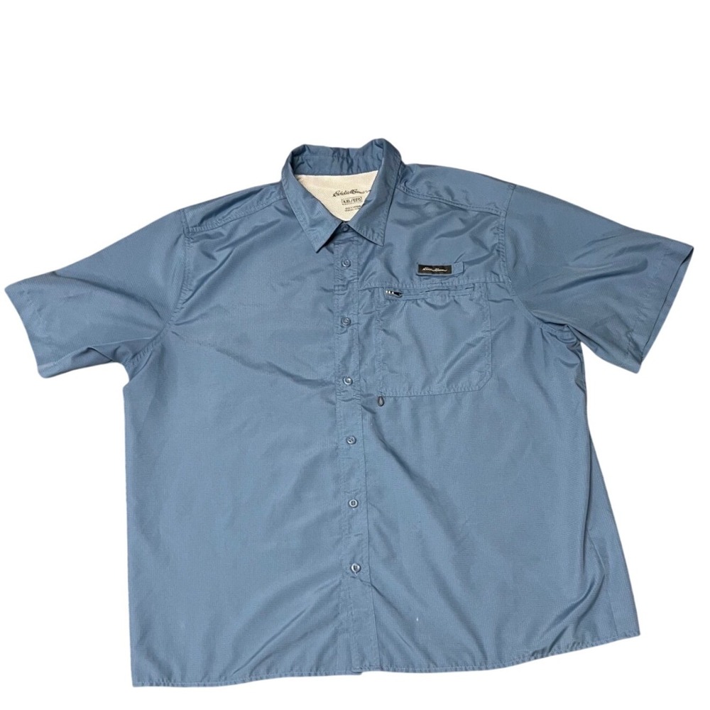 Eddie Bauer Mens XXL Blue Short‎ Sleeve Vented Back Fishing Hiking Shirt Ripstop